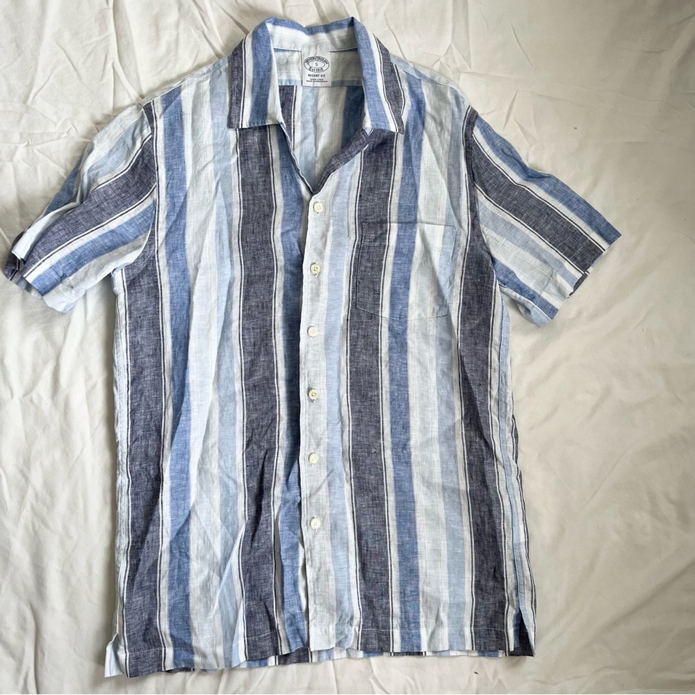 Brooks Brothers Blue and White Stripe Linen Button Down Shirt